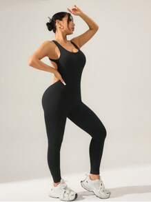 Women Solid Color Backless Round Neck Jumpsuit, For Daily Workout And Fitness