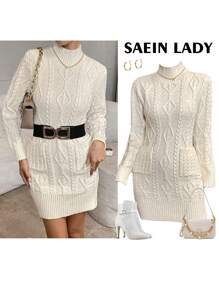 SHEIN Clasi Damen Lässig minimalistisches elegantes Stehkragen Doppeltasche gestricktes Sweaterkleid, Herbst/Winter