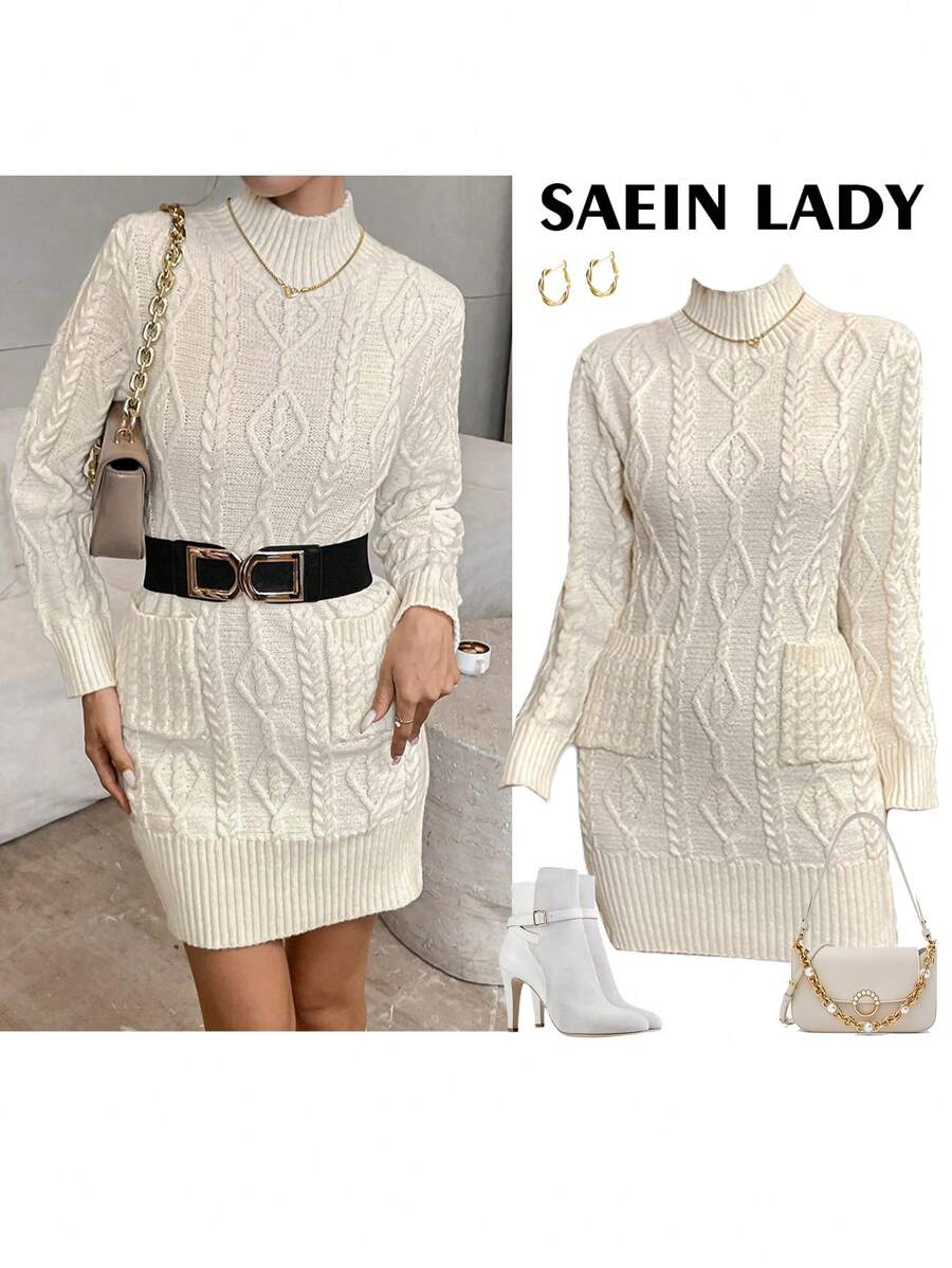 SHEIN Clasi Damen Lässig minimalistisches elegantes Stehkragen Doppeltasche gestricktes Sweaterkleid, Herbst/Winter