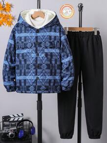 2 件套：Tween Boy 厚款保暖内衬印花领夹克和户外休闲裤，适合户外玩耍、冬季服装 - 彩色 - 查看 7