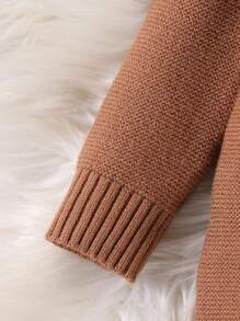 新生女婴连体衣，时尚简约字母刺绣连脚连体衣，长袖毛衣连体衣，柔软保暖针织连体衣 - 棕色 - 查看 6