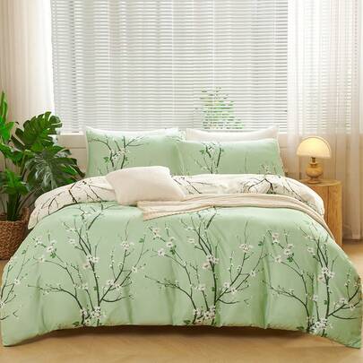 3pcs/Set Green & Beige Reversible Plum Blossom Pattern Duvet Cover Set, Soft Microfiber Bedding Set, Breathable & Wrinkle-Resistant, Luxury Hotel Style, Gift For Parents & Friends, Available In Oversized, Queen, Full, Twin Sizes, Dorm Bedding, Back To School