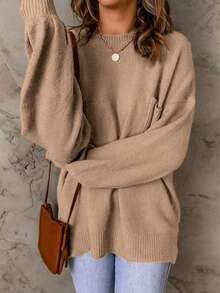 Women Casual Crew Neck Pullover Solid Color Drop Shoulder Pouch Pocket Sweater - Apricot - View 5