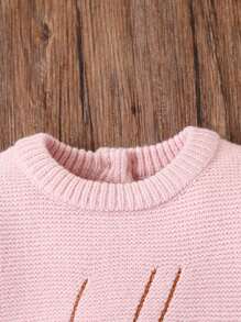 SHEIN Vintaside Kids 新生女婴服装，简约字母刺绣连体衣，配长裤和开衫，柔软、温暖、舒适的针织 - 粉色 - 查看 5