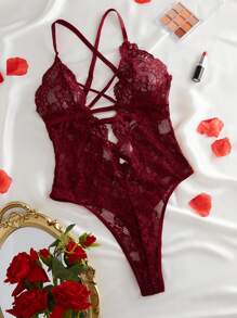Floral Lace Criss Cross Teddy Bodysuit Lingerie UnderwearOuter - Burgundy - View 6
