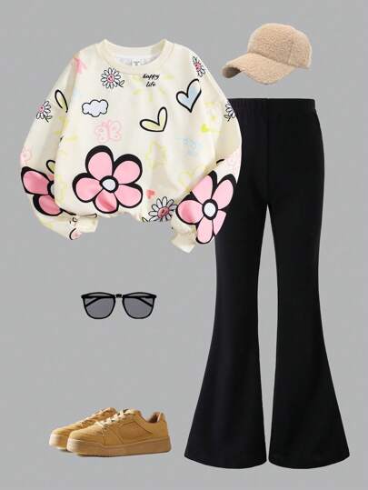 SHEIN Girlism Tween Girls Casual Loose Round Neck Cartoon Flower Pattern Pullover Long Sleeve Sweatshirt And Flared Pants 2-Piece Outfit Set, For Fall/WinterDaily Wear