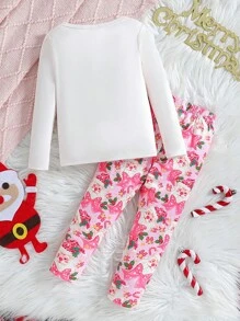 Bộ 2 món/bộ đồ ngủ bé gái dễ thương, vừa vặn, in hình ông già Noel, hươu và bông tuyết, áo thun dài tay và quần legging - Màu Hồng Tươi - Xem 2