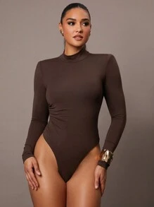 Silquee Women's Autumn And Winter Long-Sleeved Simple Daily Date Elegant Party Solid Coffee Brown Stretch Fabric Slim Fit Bodysuit With Gathered Waist And High Collar, Super Versatile - Coffee Brown - View 5