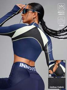 Innovista Tight Fit Cropped Colorblock Front Zipper Breathable Long Sleeve Sports Sweatshirts,Outfits T-Shirts Tops,Going Out,Party,Gym & Daily Casual,Festival,Fall Winter