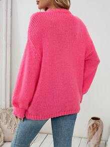 SHEIN LUNE Maglione lavorato a maglia rosa oversize casual da donna, maglia dal design ricciuto in stile europeo e americano, adatto per autunno/inverno - Fucsia - Visualizzare 2
