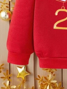 Sudadera de invierno para niña, corte holgado, material de terciopelo, estilo callejero de tendencia, estampado gráfico, diseño oversize retro, patrón de letras en bloque de color, "Familia del Equipo del Año Nuevo 2025" Juego para Navidad - Rojo - Ver 6