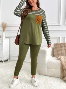 SHEIN LUNE 2pcs Plus Size Women Set - Striped Pocket T-Shirt + Solid Color Pants - Multicolor - View 6