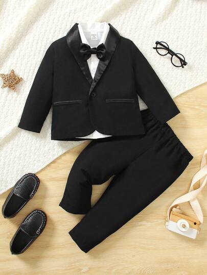 SHEIN 2pcs Baby Boy Gentleman Outfit Set, Includes Lapel Collar Jacket And Loose Pants, Elegant British Style, Soft Fabric, Long Sleeve Jacket With Pocket Design, Elastic Waist Pants, Suitable For Birthday Party, Wedding, Christening