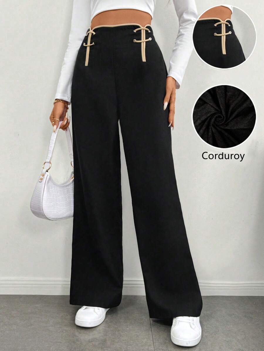 Chiquease Women's Elegant Contrast Trim Straight Leg Dress Pants, For Commuting Fall Cloth For Women - Black - View 1