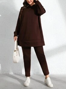 SHEIN LUNE Bộ 2 món/bộ áo hoodie và quần legging mềm mại cho nữ, mùa thu/đông - màu nâu - Xem 6