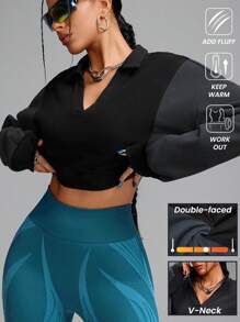 Innovista Loose Fit Fleece Colorblock Sport Sweatshirt,Tracksuit,Run,Cropped Sweatshirt,Workout Gym Daily ,Women Hoodies,Fall Woman Outfits,Fall Sweatshirts,Camping,Outdoor,Fall Winter Women Outfit,Jersey,Cold Weather Clothes - Black - View 2