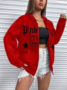 SHEIN Unity Casual Vintage Gothic Font Zipper Up Drawstring Hoodie - Red - View 6