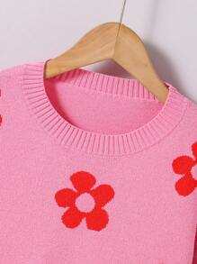 Tween 女童花卉图案圆领落肩长袖毛衣，秋冬款 - 玫紅色 - 查看 8