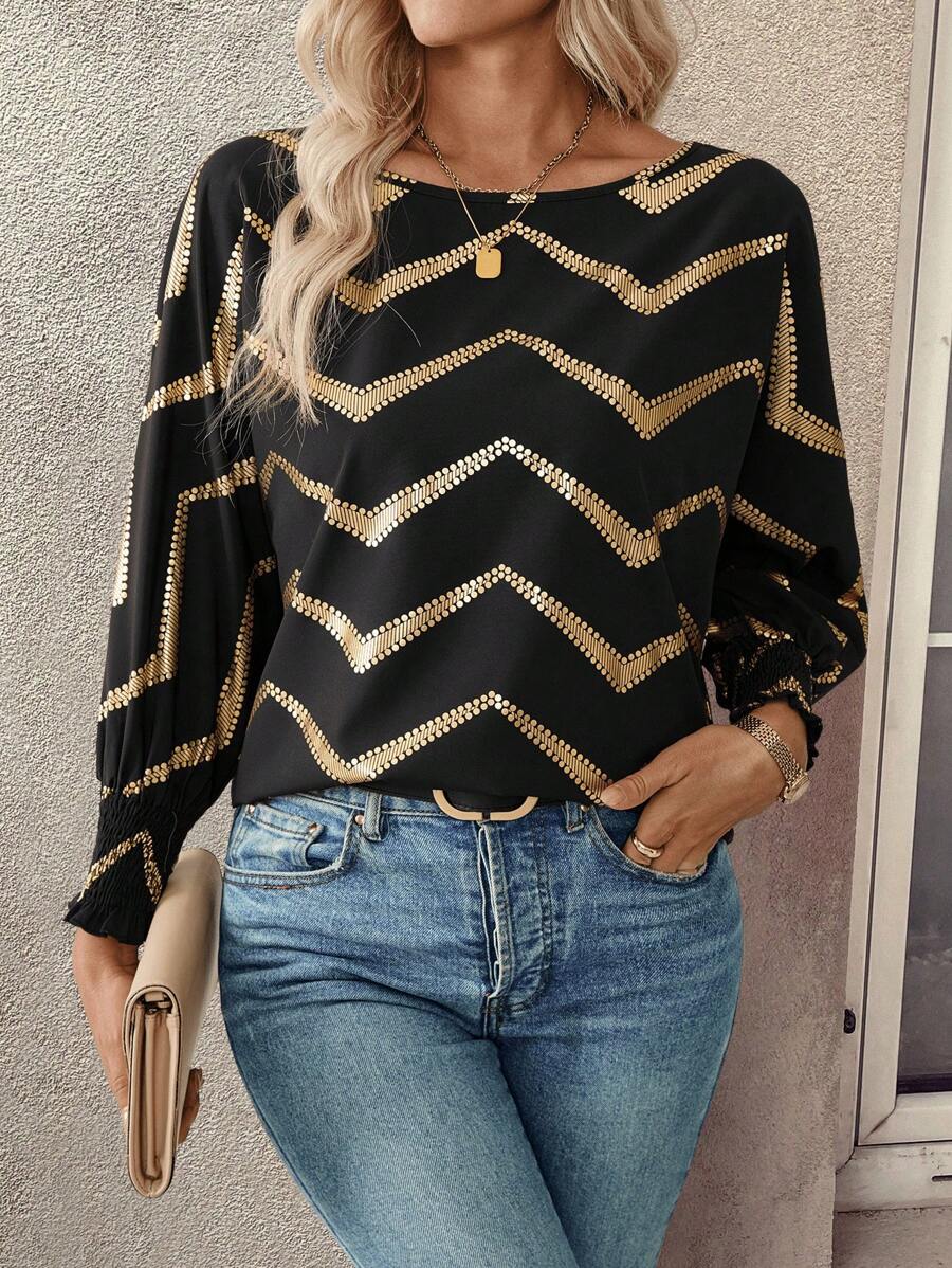 SHEIN LUNE Áo cánh tay dài thanh lịch cổ tròn xếp ly mạ vàng - màu đen - Xem 1