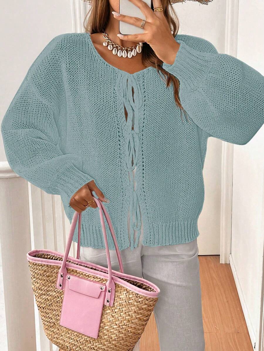 Chiquease 女士系带纯色针织毛衣开衫，可搭配T恤穿着 - 薄荷藍 - 查看 1