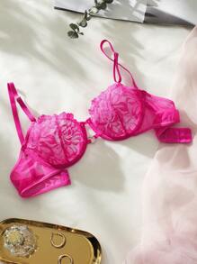 Floral Lace Mesh Underwire Lingerie Bra - Hot Pink - View 6
