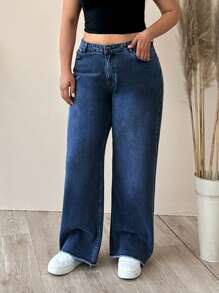 EURMUSE 100%Cotton HIGH RISE STRAIGHT CUT PLUS SIZE LIGHT GREY JEAN - Dark Wash - View 3