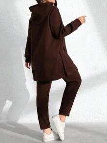 SHEIN LUNE Bộ 2 món/bộ áo hoodie và quần legging mềm mại cho nữ, mùa thu/đông - màu nâu - Xem 2