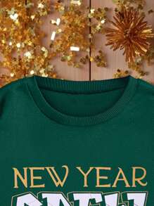 男童抓绒卫衣，冬季宽松休闲时尚前卫酷炫印花复古超大街头风设计卫衣，撞色字母印花“NEW YEAR CREW 2025”亲子装 - 墨綠色 - 查看 6