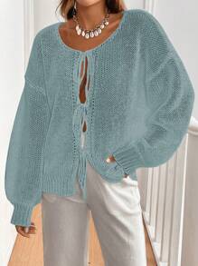 Chiquease 女士系带纯色针织毛衣开衫，可搭配T恤穿着 - 薄荷藍 - 查看 3