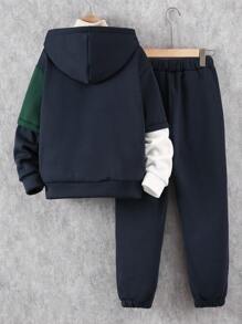 SHEIN 2pcs Boy Teenage Fashion Streetwear Contrast Color Block Print Hooded Sweatshirt & Drawstring Cuff Printed Pants Set, Autumn/Winter