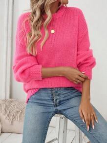SHEIN LUNE Maglione lavorato a maglia rosa oversize casual da donna, maglia dal design ricciuto in stile europeo e americano, adatto per autunno/inverno - Fucsia - Visualizzare 5
