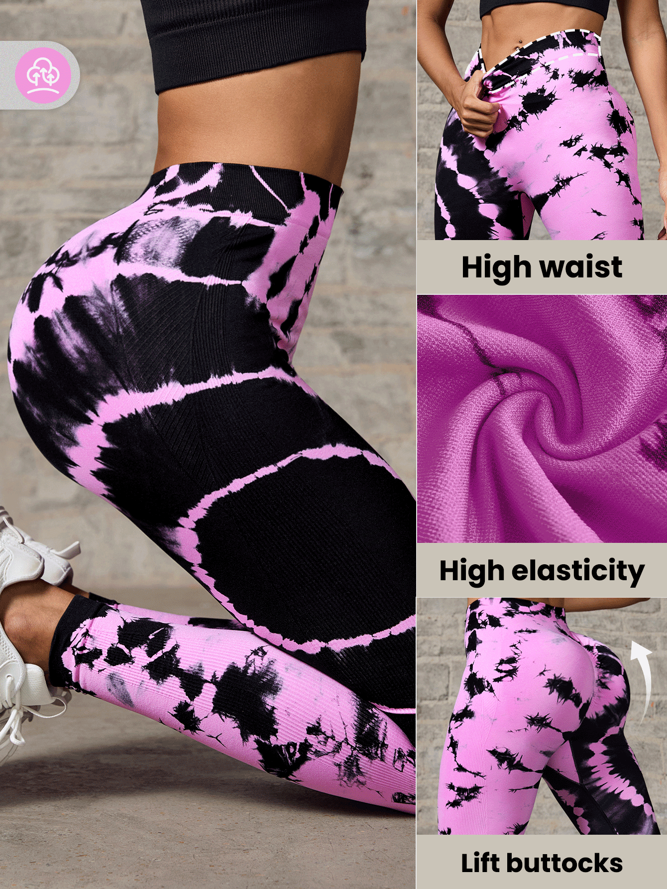 Core Rhythm Quần legging cạp cao in họa tiết tie dye liền mạch cho nữ, hàng ngày/thể dục - Nhiều màu - Xem 3