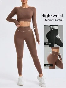 Bộ đồ thể thao nữ trơn màu liền mạch 2 món, áo cổ tròn dài tay và quần dài cạp chun tập gym - màu nâu - Xem 7