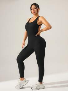 Women Solid Color Backless Round Neck Jumpsuit, For Daily Workout And Fitness