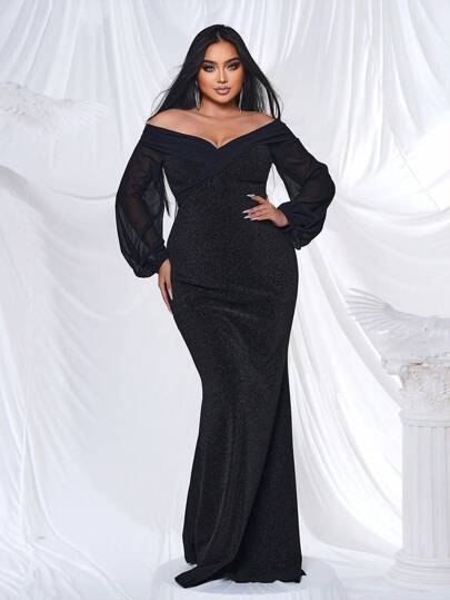 Plus Size Solid Color Off Shoulder Long Sleeve Simple Elegant Maxi Casual Wedding Guest Dress, For Women, Party Cocktail Dress