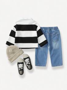 2 chiếc áo sơ mi sọc đen trắng cho bé trai có thêu chữ W màu cam, cổ polo rộng rãi, cạp chun, quần ống đứng denim giản dị, phù hợp mọi phong cách - Nhiều màu - Xem 4