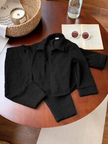 SHEIN 2pcs Baby Boy Classic Casual Gentleman Style Button Down Shirt & Pants Set, Suitable For Fall/Winter, Indoor/Outdoor, Party, Wedding