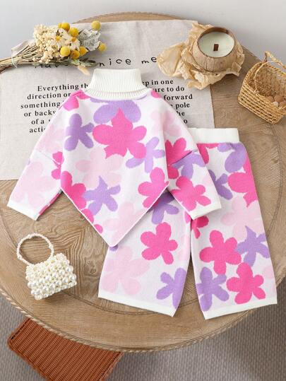 2 件套女婴彩色花卉图案不对称下摆高领毛衣和针织阔腿裤套装，可爱、温暖、舒适、百搭，适合冬季
