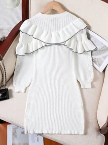Tween Girl Ruffle Hem Knit Dress Cute Ruffle Collar Long Sleeve Sweater Dress For Teen Girls - White - View 2