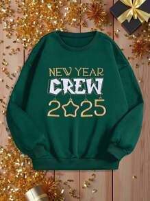 男童抓绒卫衣，冬季宽松休闲时尚前卫酷炫印花复古超大街头风设计卫衣，撞色字母印花“NEW YEAR CREW 2025”亲子装 - 墨綠色 - 查看 3