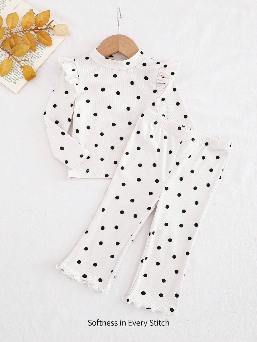 Cozy Pixies 2 件套女宝宝圆点圆领荷叶边长袖上衣和阔腿裤套装 - 杏色 - 查看 1