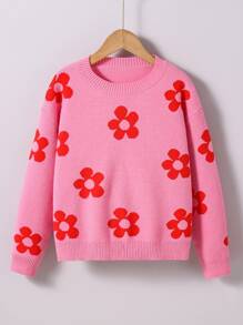 Tween 女童花卉图案圆领落肩长袖毛衣，秋冬款 - 玫紅色 - 查看 4