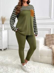 SHEIN LUNE 2pcs Plus Size Women Set - Striped Pocket T-Shirt + Solid Color Pants - Multicolor - View 3
