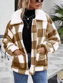 Áo khoác kẻ caro dài tay có khóa kéo, ngắn, mềm mại, mùa thu/đông - màu nâu - Xem 5