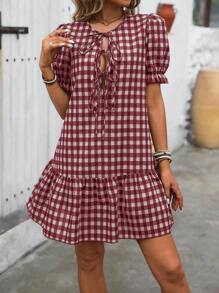 EMERY ROSE Women's Casual Plaid Front Tie Ruffle Hem Mini Dress, Summer For New Year Clothes - Red - View 3