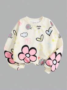 SHEIN Girlism 青少年女孩休闲宽松圆领卡通花朵图案套头长袖运动衫和喇叭裤两件套服装套装，适合秋冬日常穿着 - 杏色 - 查看 3