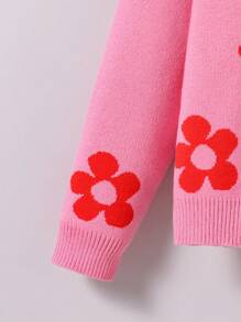 Tween 女童花卉图案圆领落肩长袖毛衣，秋冬款 - 玫紅色 - 查看 7
