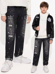 SHEIN Tween Boy Chic Fashion Street Daily Casual Hand-Made Color Spots Detail Ripped Cat Whiskers Detail Comfort Elastic Waist Zip Front Fastening Roll Up Hem Jeans With 5 Pockets, Boys Must-Have All Year Fashion Item