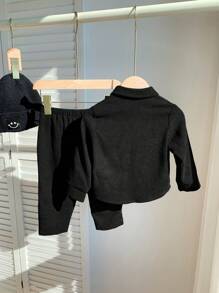 SHEIN 2pcs Baby Boy Classic Casual Gentleman Style Button Down Shirt & Pants Set, Suitable For Fall/Winter, Indoor/Outdoor, Party, Wedding