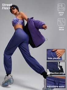 Innovista Pantalones largos para mujer de deporte con zona luminosa y cintura ajustable, para senderismo, campamento al aire libre, uso diario informal y casual, otoño, con dobladillo ajustable y ajustable con cordón, leggings acampanados, marca FP Movement y WAG, apta para aerobics en casa - Azul - Ver 2